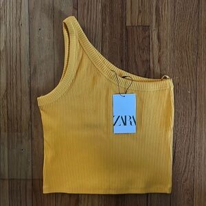 Zara Yellow Ribbed One-Shoulder Tank Top